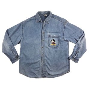 Vintage 90s Disney Store Distressed Embroidered Mickey Mouse Pocket Denim Shirt